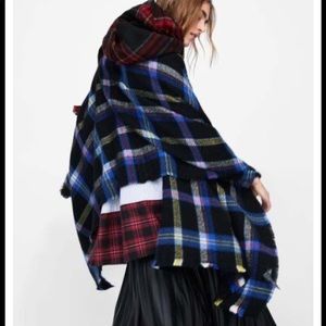 Zara Blue Check Plaid Oversized Blanket Scarf